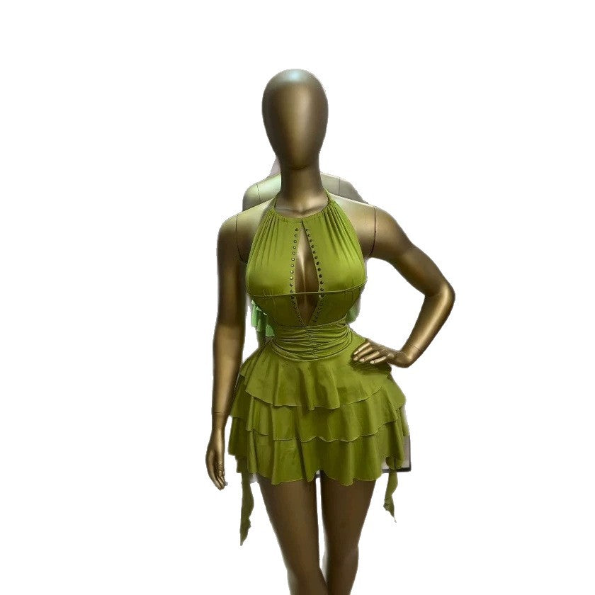 Feminine Sleeveless Ruched Hollow-out Backless Asymmetric Mini Dress