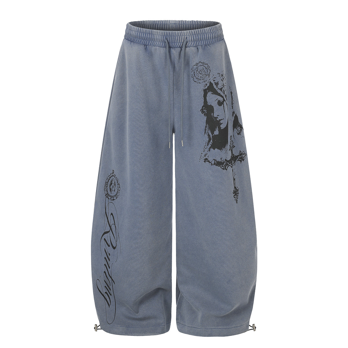 Unisex American High Street Washed Portrait Print Dropped Crotch Drawstring Wide Leg Casual Sweatpants