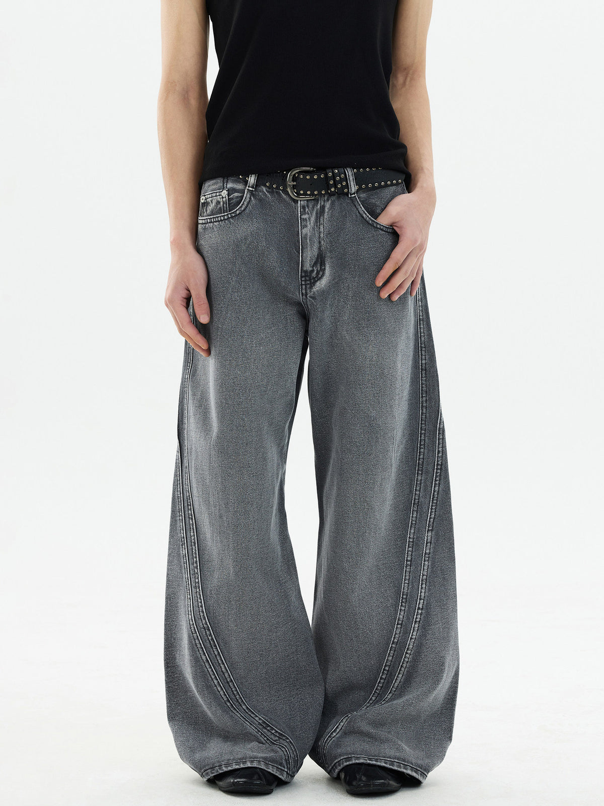 Street Style Vintage Washed Denim Pants for Men, Loose Straight Leg Wide Leg Fashionable Design Pants