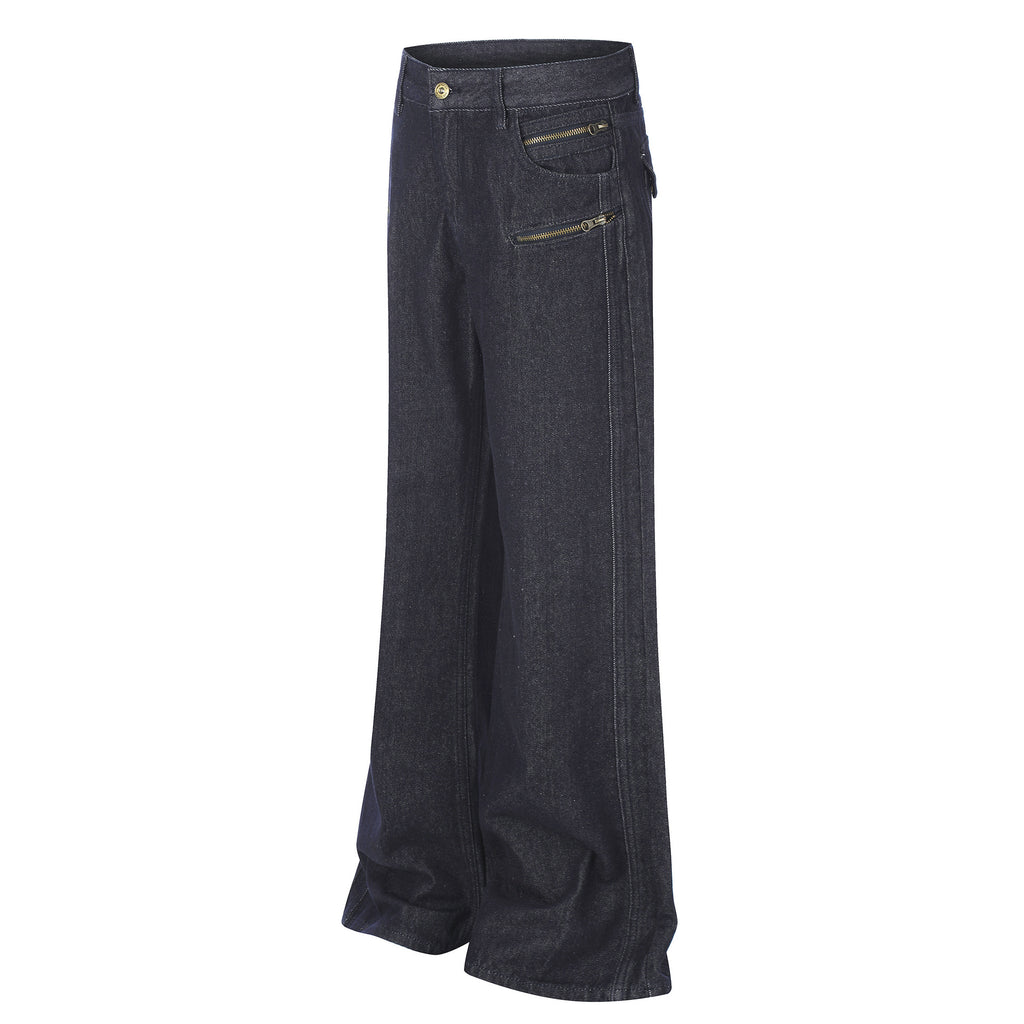 High Street Distressed Washed Denim Micro Flare Jeans with Multi-Zipper Detail