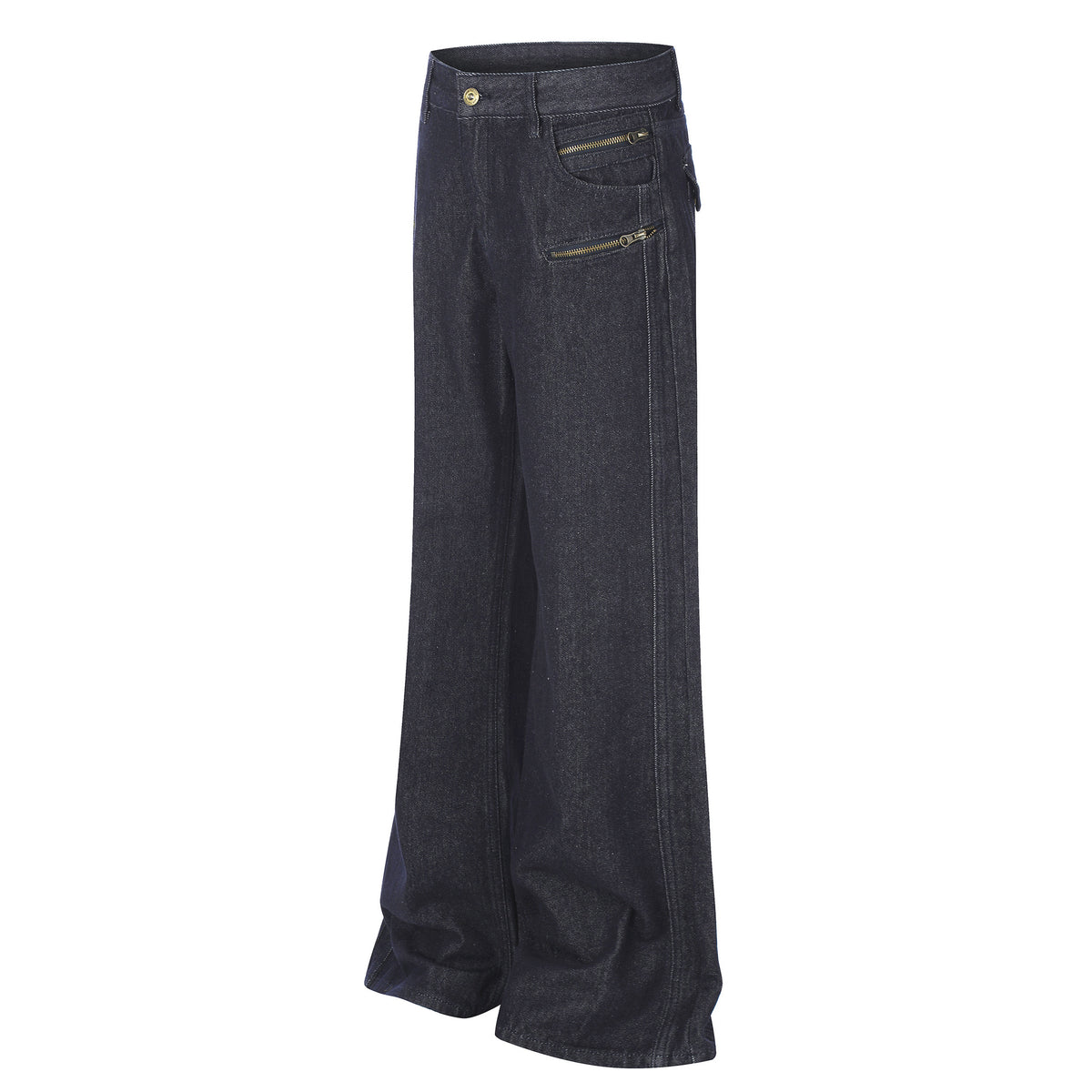 High Street Distressed Washed Denim Micro Flare Jeans with Multi-Zipper Detail