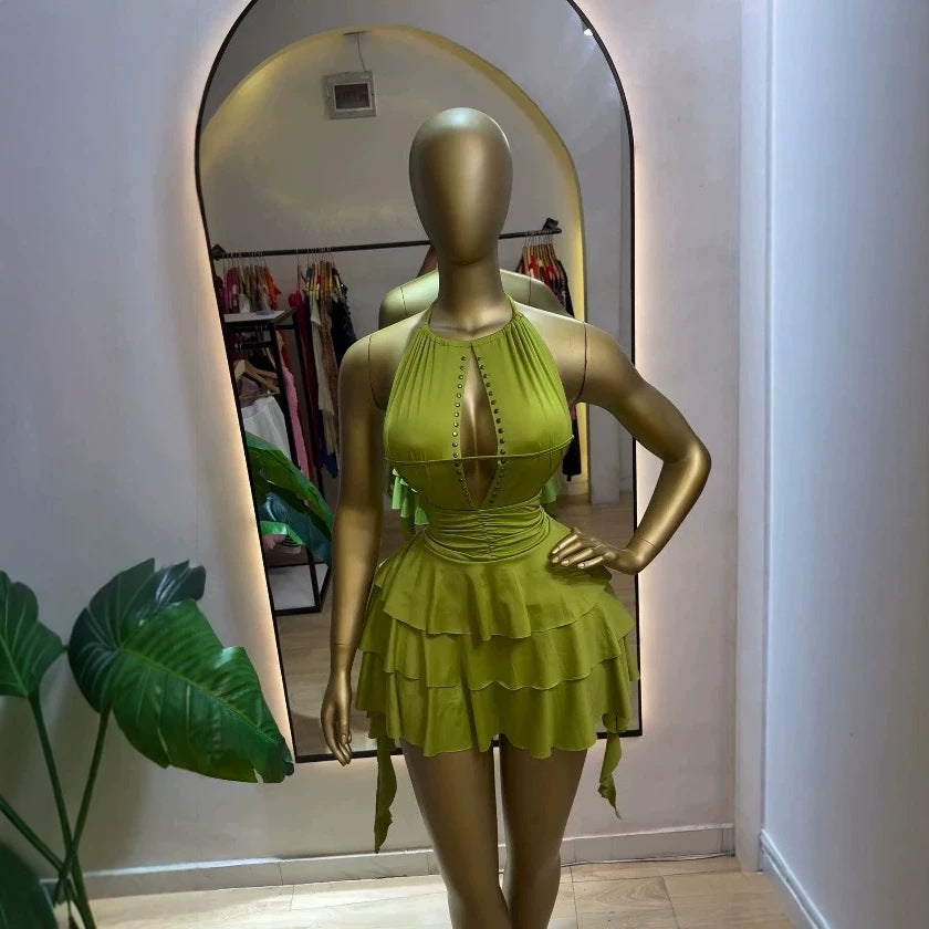 Feminine Sleeveless Ruched Hollow-out Backless Asymmetric Mini Dress