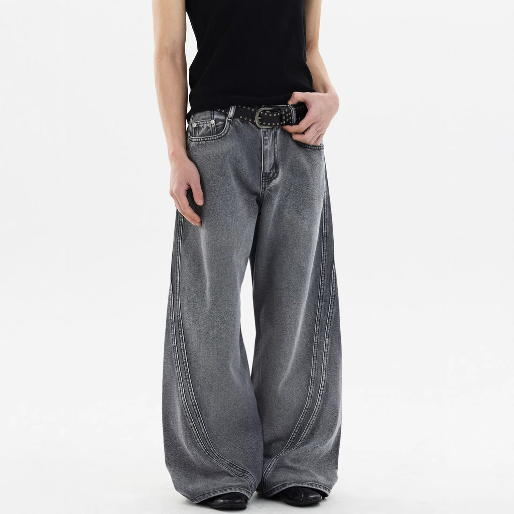 Street Style Vintage Washed Denim Pants for Men, Loose Straight Leg Wide Leg Fashionable Design Pants