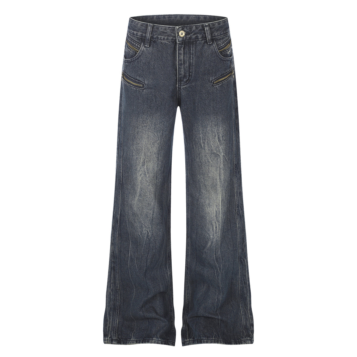 High Street Distressed Washed Denim Micro Flare Jeans with Multi-Zipper Detail
