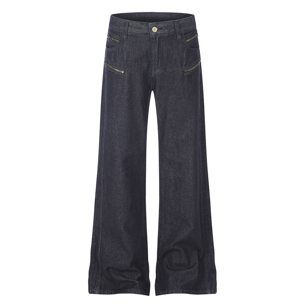 High Street Distressed Washed Denim Micro Flare Jeans with Multi-Zipper Detail