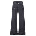 High Street Distressed Washed Denim Micro Flare Jeans with Multi-Zipper Detail