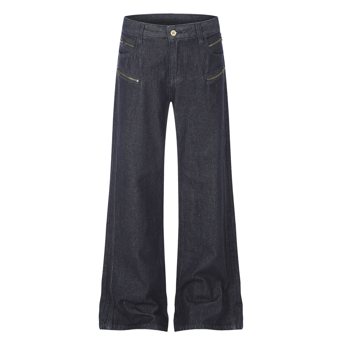 High Street Distressed Washed Denim Micro Flare Jeans with Multi-Zipper Detail