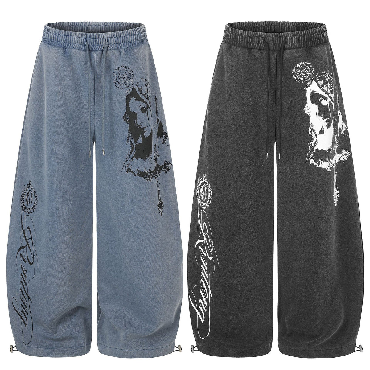 Unisex American High Street Washed Portrait Print Dropped Crotch Drawstring Wide Leg Casual Sweatpants