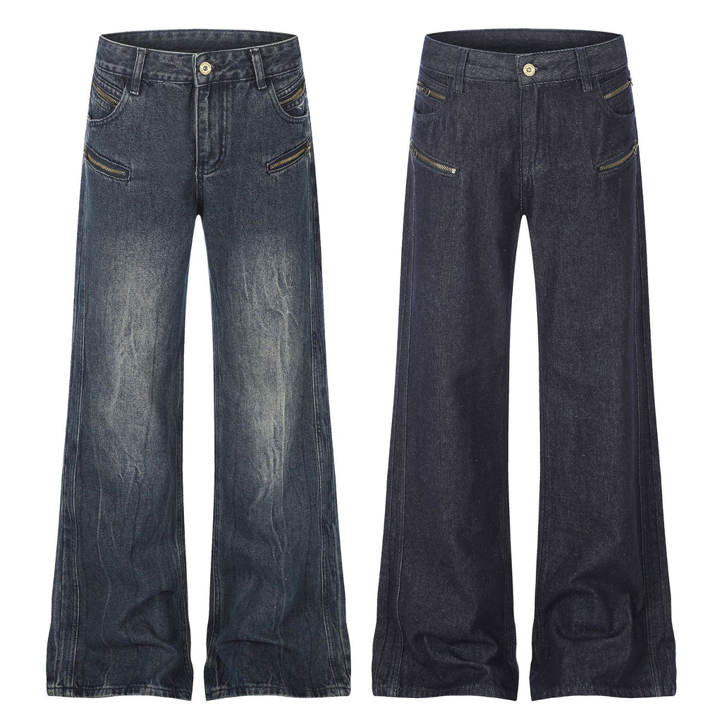 High Street Distressed Washed Denim Micro Flare Jeans with Multi-Zipper Detail